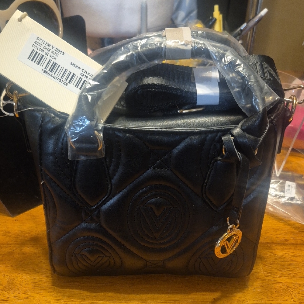 Valentino Orlandi Black Quilted Crossbody Satchel with Gold Charm